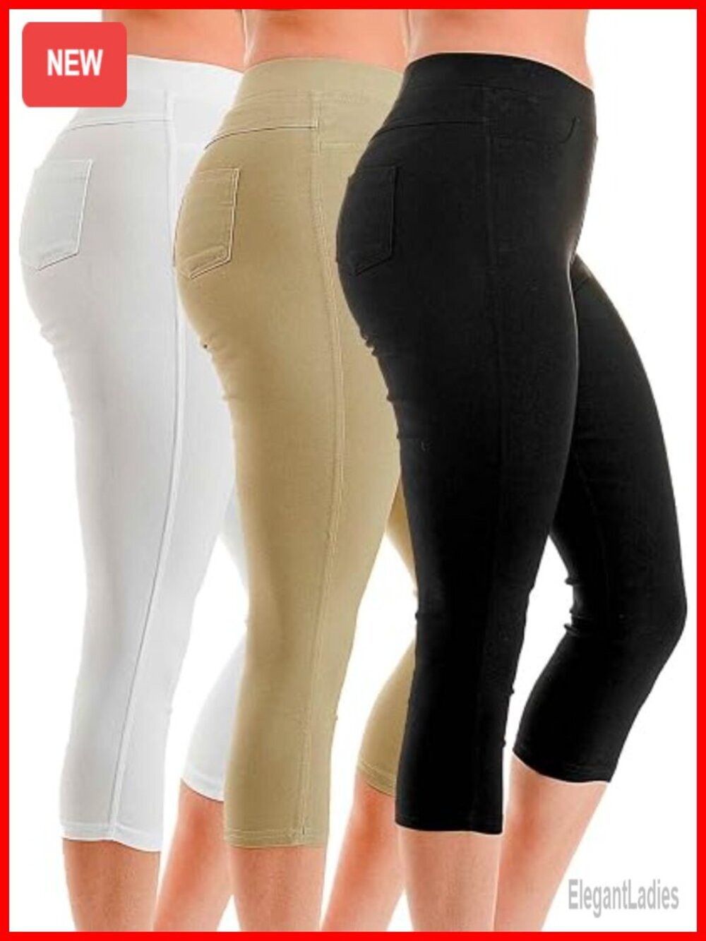 3 Pack Capri Jeggings Stretchy Pull-On Cropped Pants Tummy Control